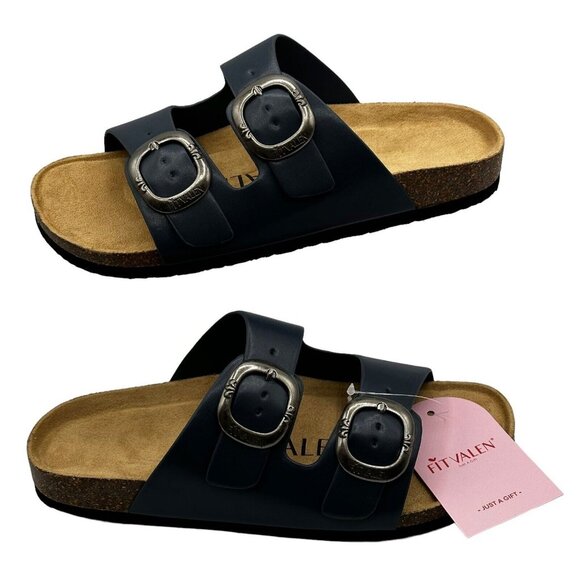 Fitvalen Women Size 7 Achim Navy Flat Cork Foot Twin Buckle Slide Sandal‎ NEW - Picture 1 of 10
